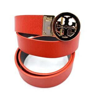 Tory Burch Miller Reversible Belt Orange Brown Leather Gold Logo Buckle Sz M